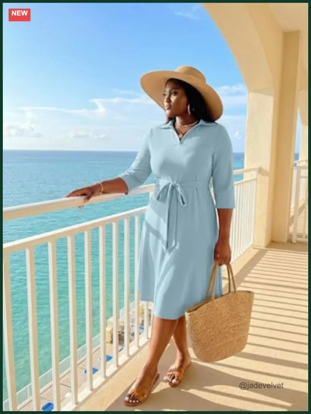 Plus Size Midi Cocktail Dress with Pockets and Belt, 3/4 Sleeve